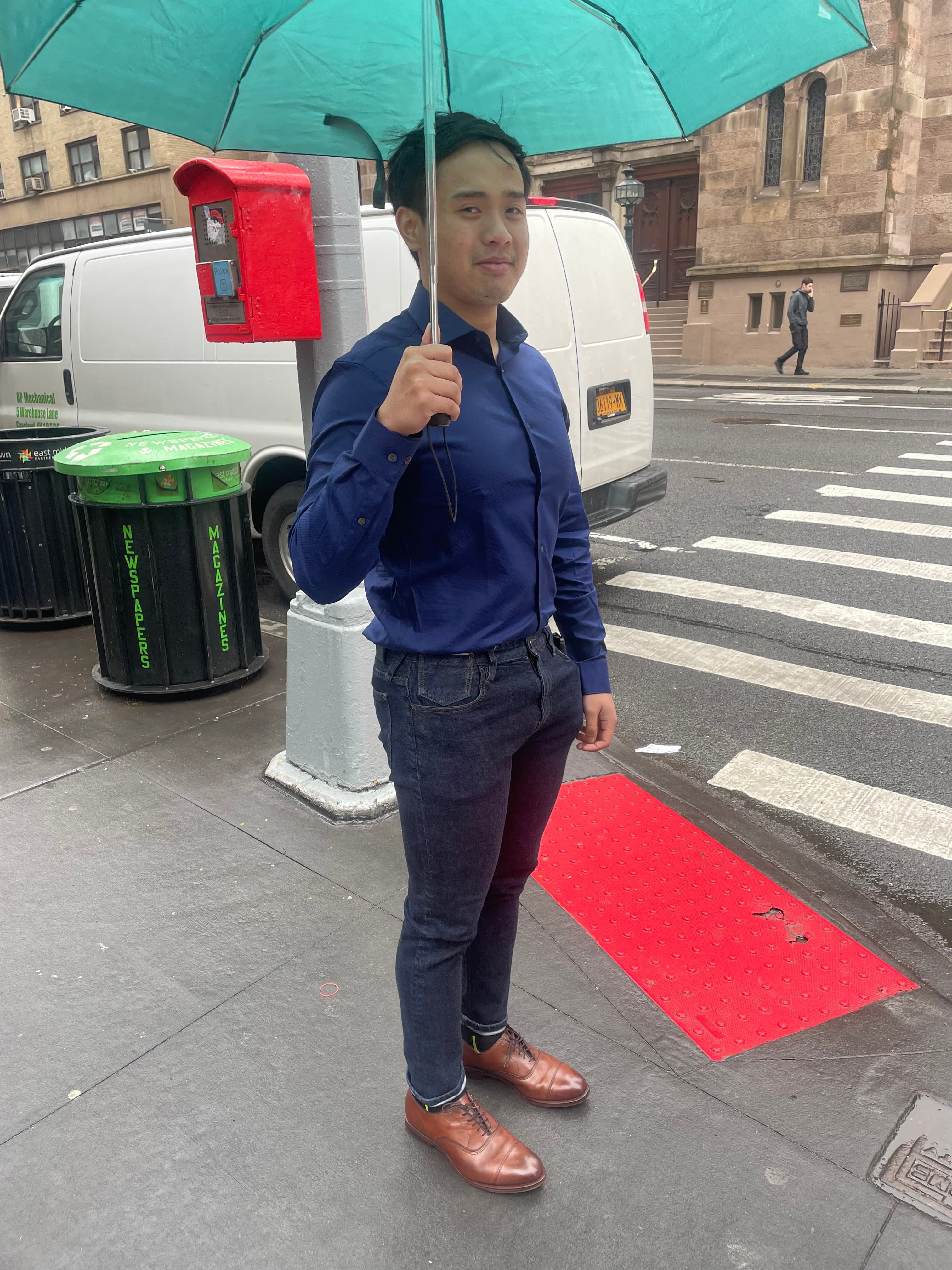 Brandon before — friendly, closed posture
